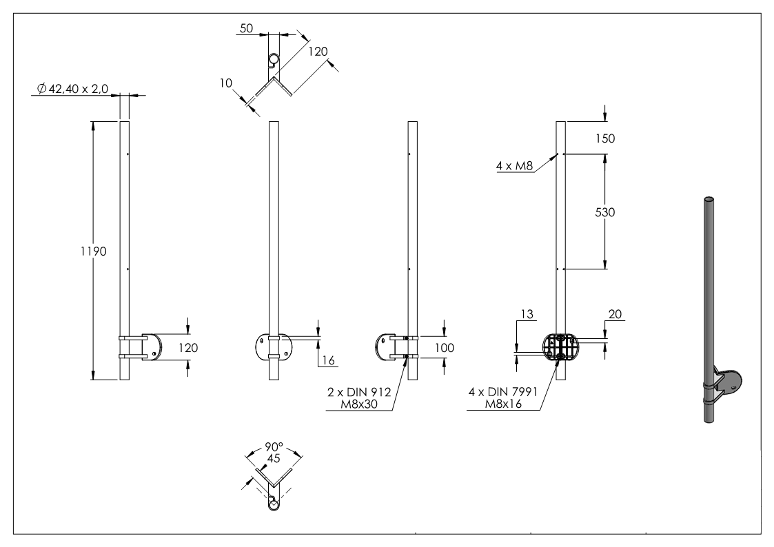 Edelstahlpfosten V2A zur Wandmontage für 90° Außeneck, Länge 1190mm