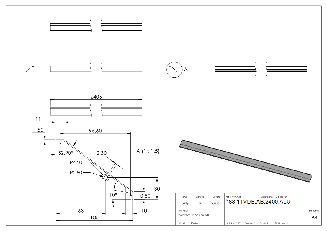 Abdeckung Aluminium L = 2405 mm fuer Vordach-Profil eleganza canopy eloxiert E4-EV1-88-11VDE-AB-2400.ALU