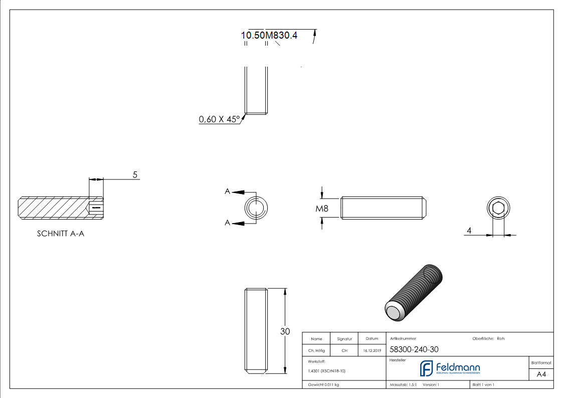 Gewindestift V2A Edelstahl M8 x 30 mm Innensechskant Kegelkuppe-10-50M830.4