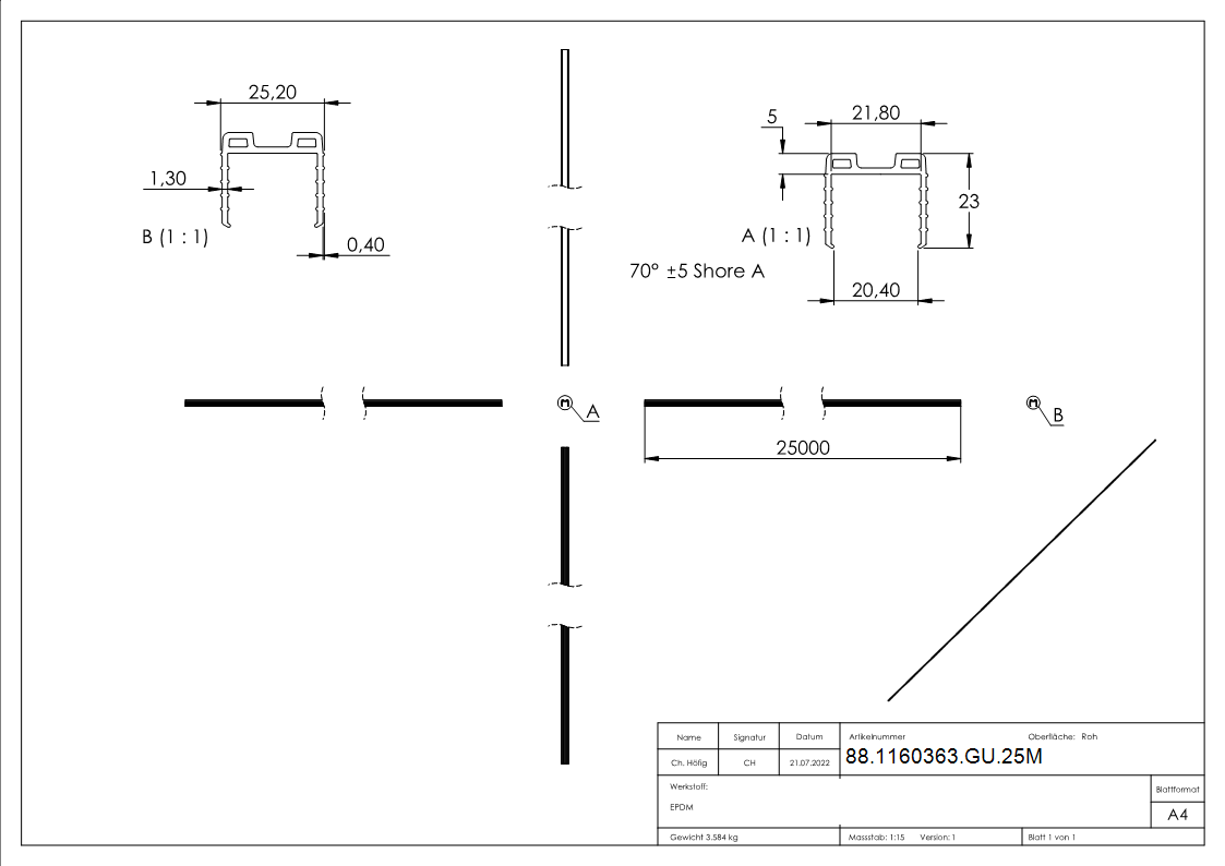 Keildichtung Glas 20,76 – 21,52mm, für Nut 24 x 24mm, Länge 25m, EPDM