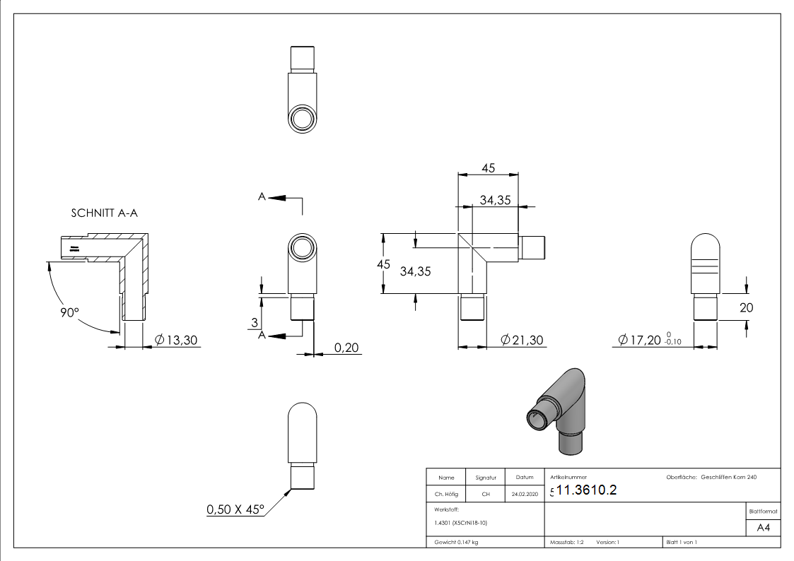 Eckbogen 90°, für Rundrohr Ø 21,3x2,0 mm V2A