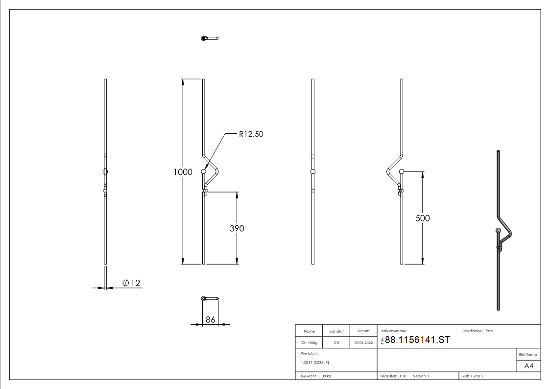 Designstab Stahl S235 Ø 12 mm H 1000 mm mit Kugel Ø 25 mm-88-1156141.ST