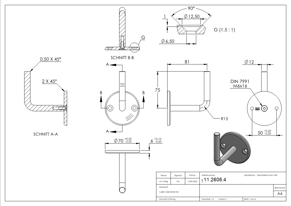 Handlaufhalter | mit Ronde 70 x 6 mm | zum Anschweißen | 2 Bohrungen | Edelstahl V2A AISI304
