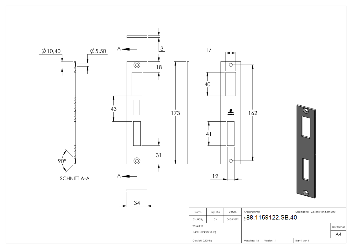 Schliessblech passend zu 40mm Schiebetorschloesser- V2A-88-1159122-SB.40