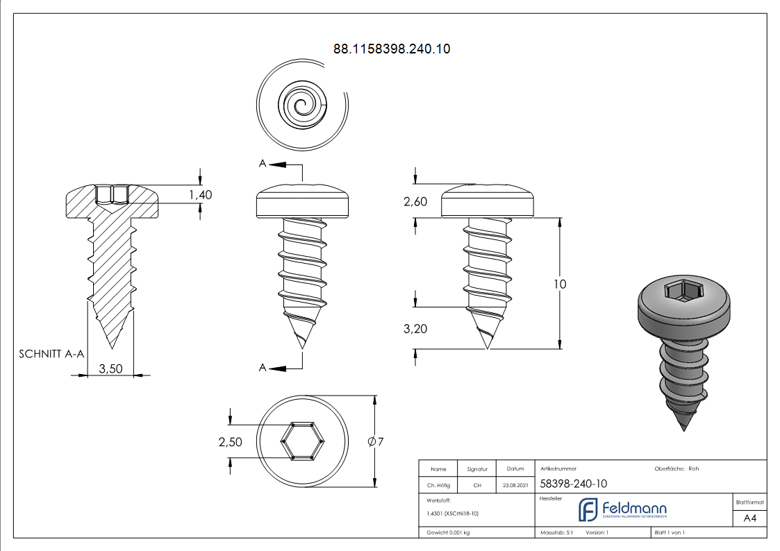 Linsen-Blechschraube V2A 3-5 x 9-5 mm Innensechskant Spitze ISO 14585-88-1158398-240.10