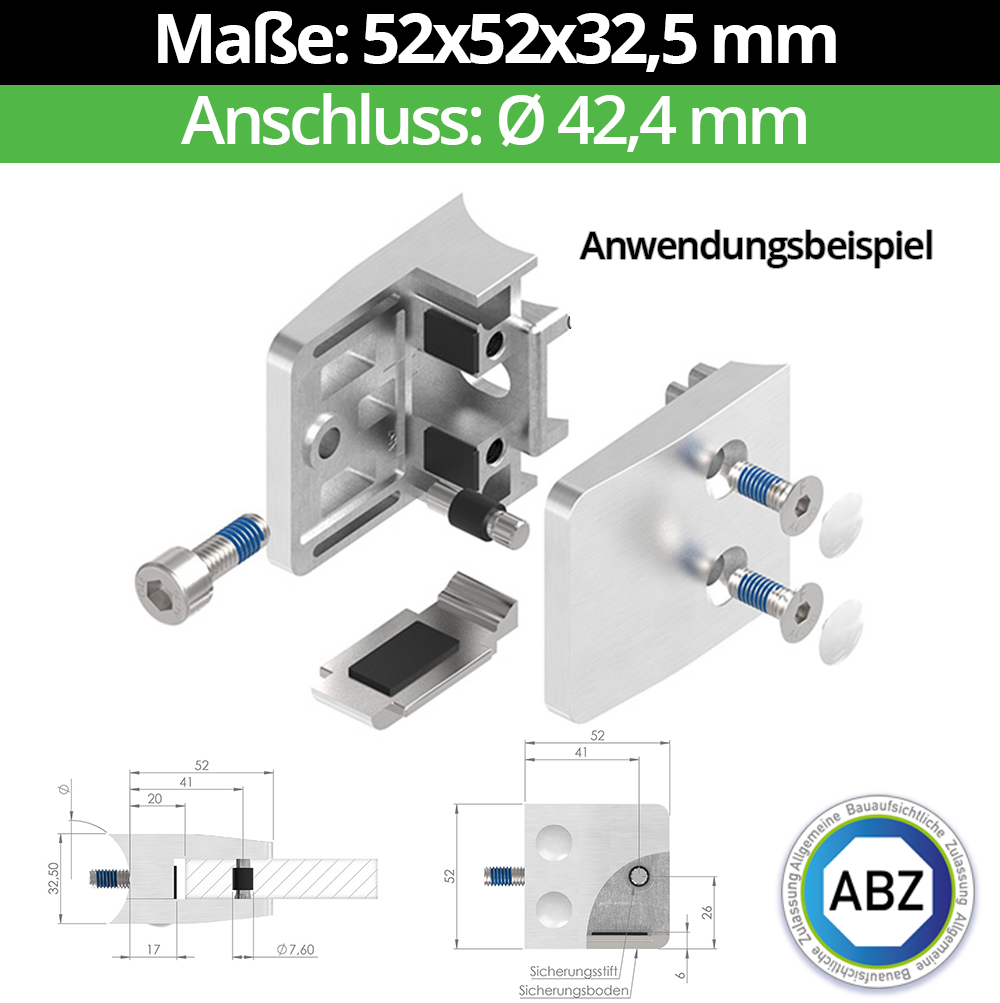 Glasklemme AbZ 52x52x32-5 mm  fuer Anschluss  Flach - Ø 42-4 mm - Ø 48-3 mm - 60-3 mm-10-MODELL34-42-10-1.1
