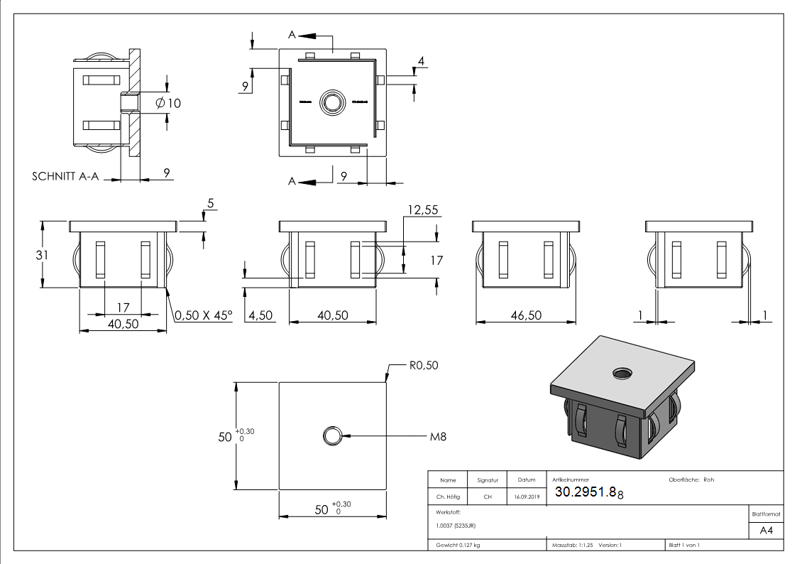 Stahlstopfen flach - mit M8 - fuer Rohr 50x50x2-0-3-0 mm - Stahl S235JR- roh-30-2951.8