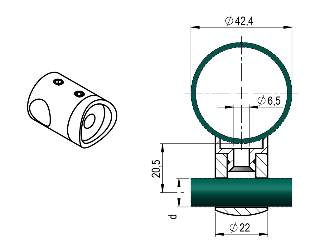 Querstabhalter Ø 22 mm | Anschluss: 42,4 mm | mit Bohrung: 10,2 mm | V2A