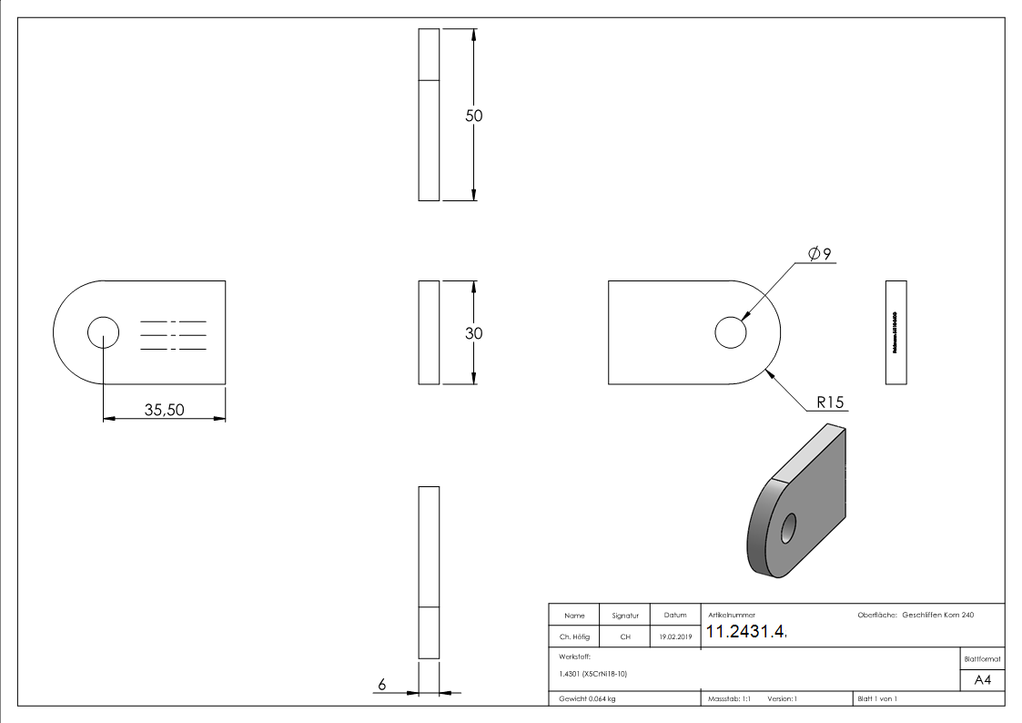 Anschweisslasche 50x30x6 mm mit Rundloch- Ø 9 mm V2A-11-2431.4