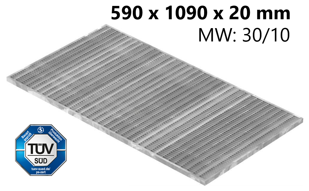 Lichtschachtrost Baunormrost | Maße:  590x1090x20 mm 30/10 mm | aus S235JR (St37-2), im Vollbad feuerverzinkt