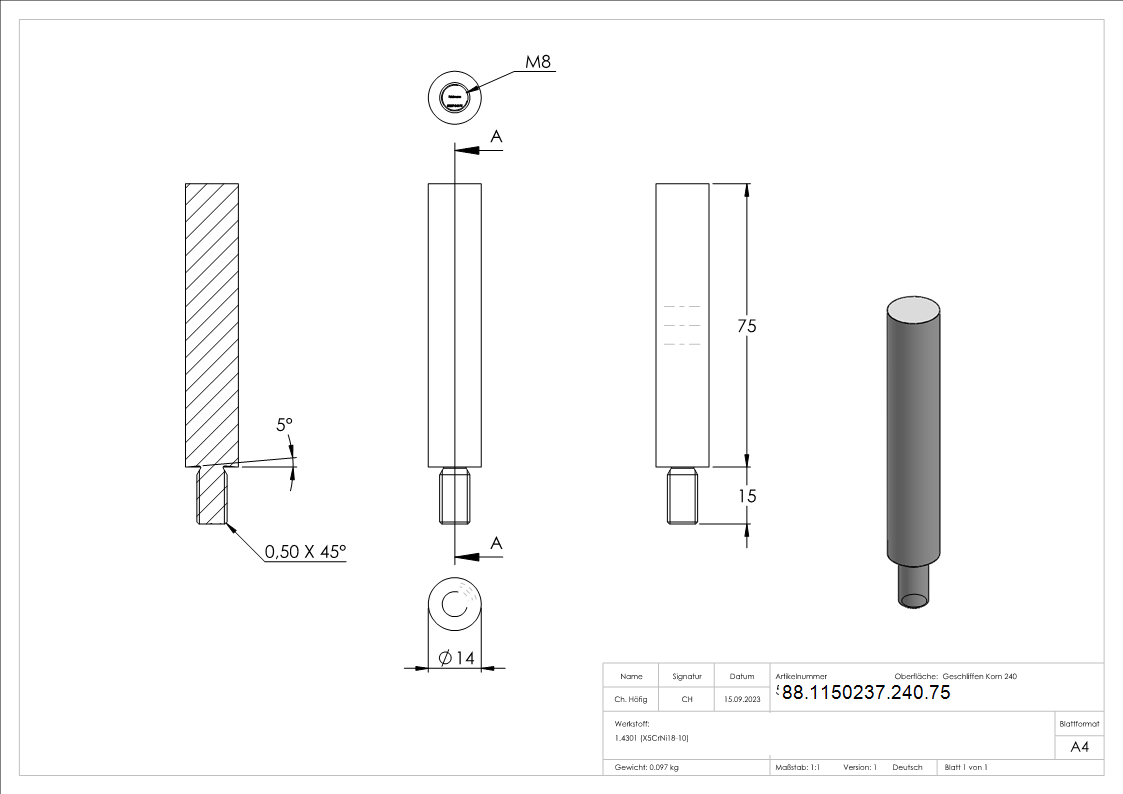 Stift Ø 14mm, Länge: 75mm, V2A
