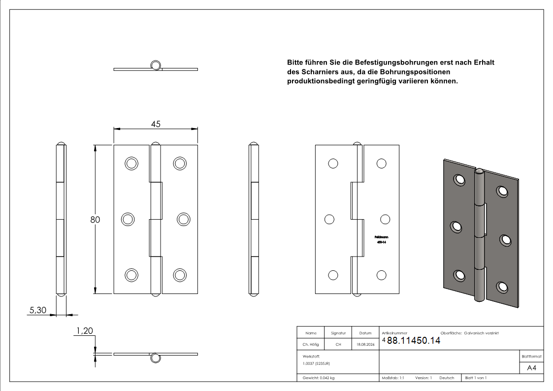 Scharnier Stahl 80 x 45 mm mit festem Zapfen verzinkt-88-11450.14