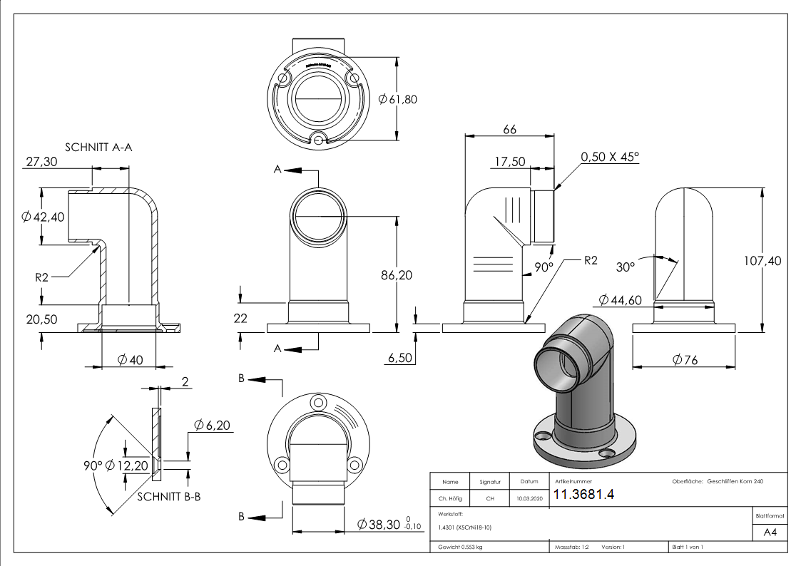 Wandhalter 90° lang für Rundrohr Ø 42,4x2,0 mm | V2A