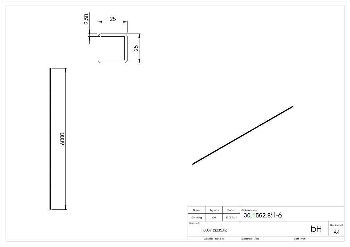 Quadratrohr | gehämmert | Maße: 25x25x2,5 mm | Länge: 6000 mm | Stahl S235JR, roh
