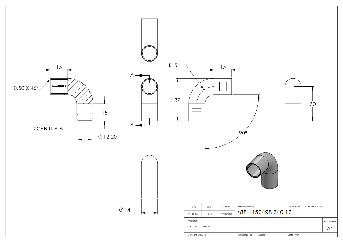 Rundstabbogen V2A Ø 12 mm 90° zum Kleben-88-1150498-240.12
