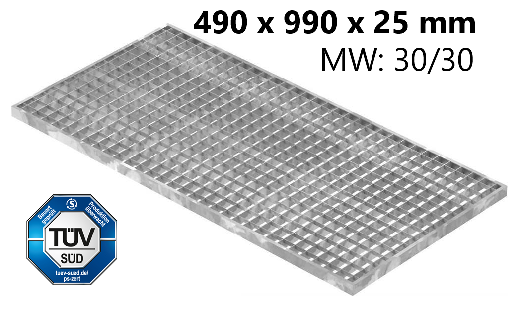 Lichtschachtrost Baunormrost | Maße:  490x990x25 mm 30/30 mm | aus S235JR (St37-2), im Vollbad feuerverzinkt