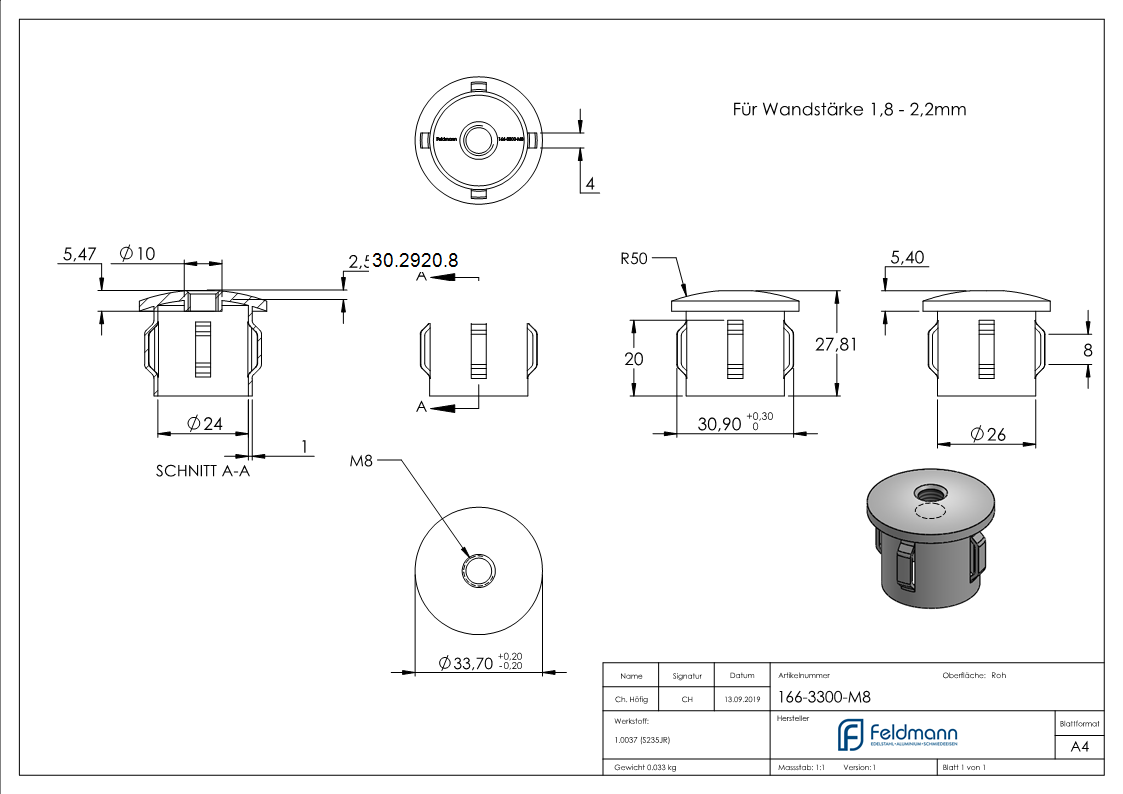 Stahlstopfen - leicht gewoelbt - mit M8 - fuer Rundrohr Ø 33-7x1-8-2-2 mm - Stahl S235JR- roh-30-2920.8