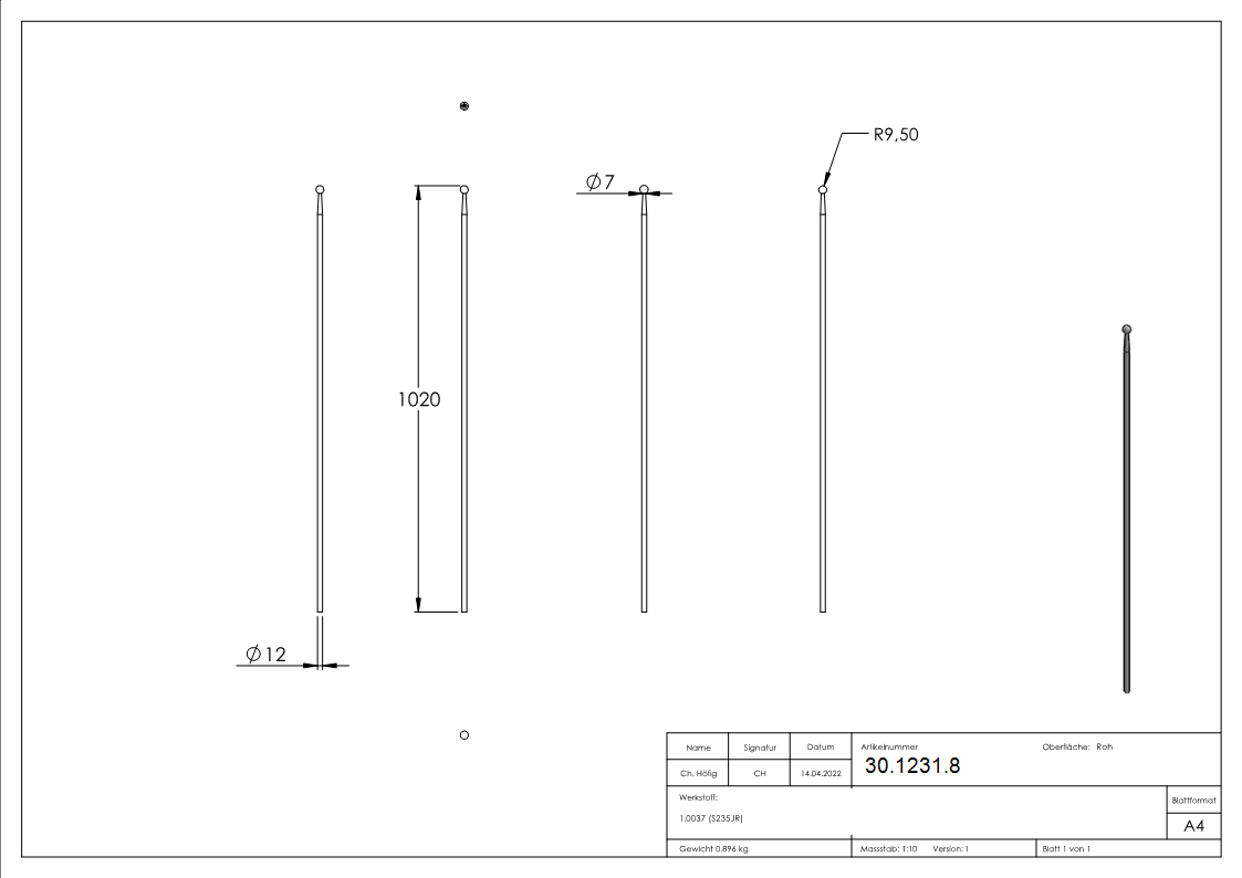 Zaunstab Länge: 1020 mm Material Ø 12 mm + Kugel Ø 19 mm Stahl S235JR, roh