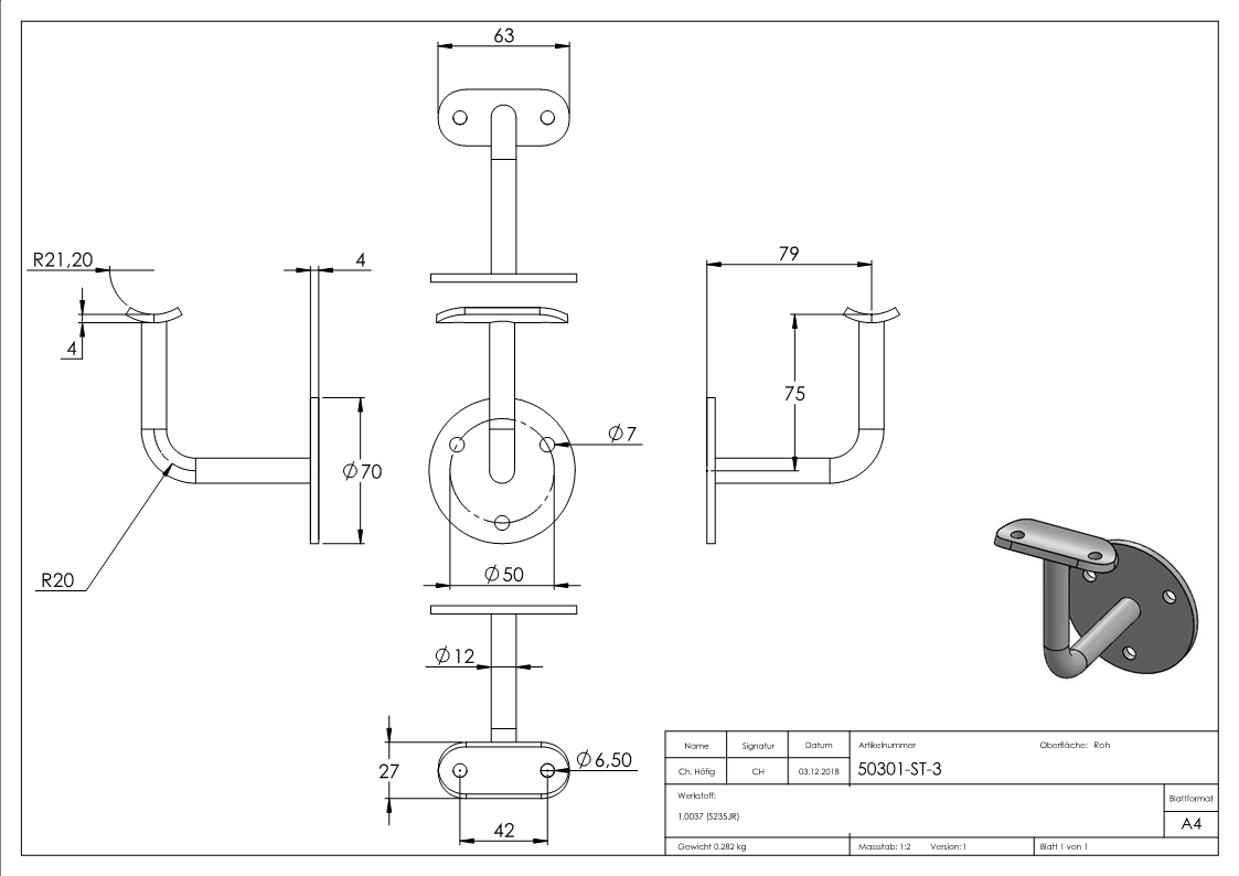 Handlaufhalter | mit Ronde 70x4 mm | für Rohr Ø 42,4mm 3 | Stahl S235JR, roh