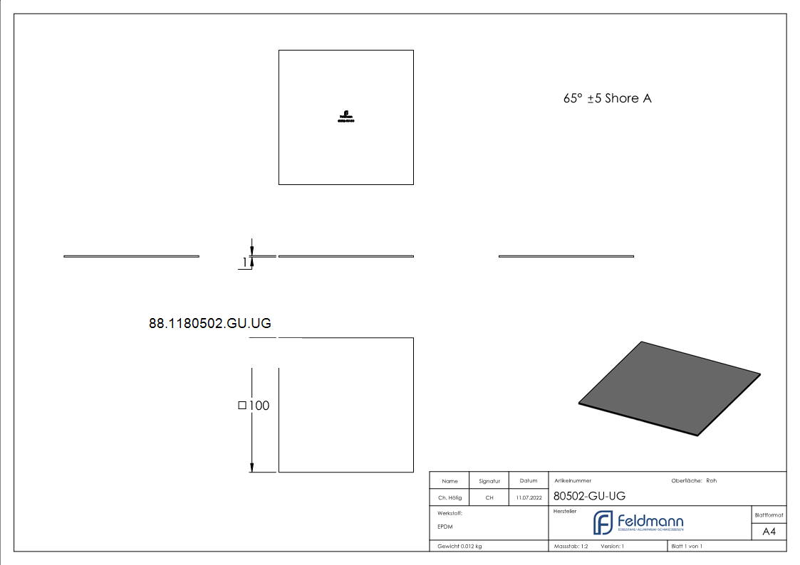 Unterleggummi 100x100x1mm, für Gummiset 80502-GU