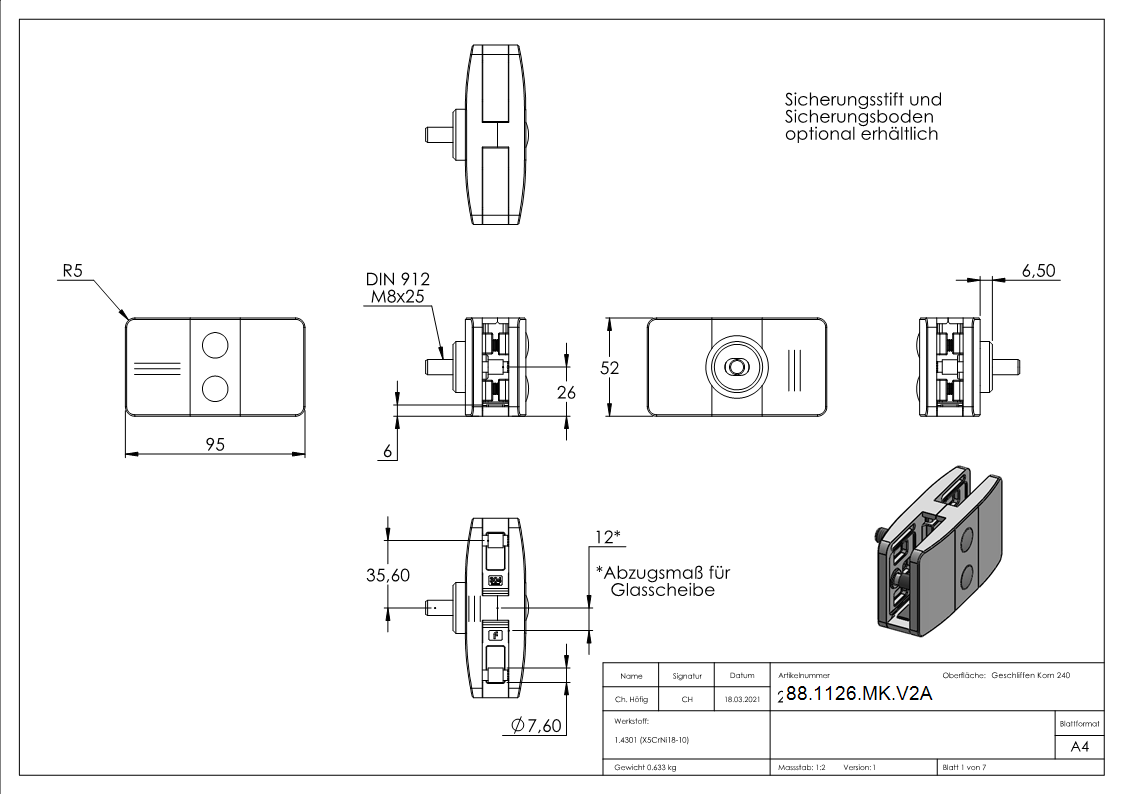 Sichtschutz Mittelglasklemme Edelstahl V2A -1-4301- eckig Mod- 26-88-1126-MK.V2A