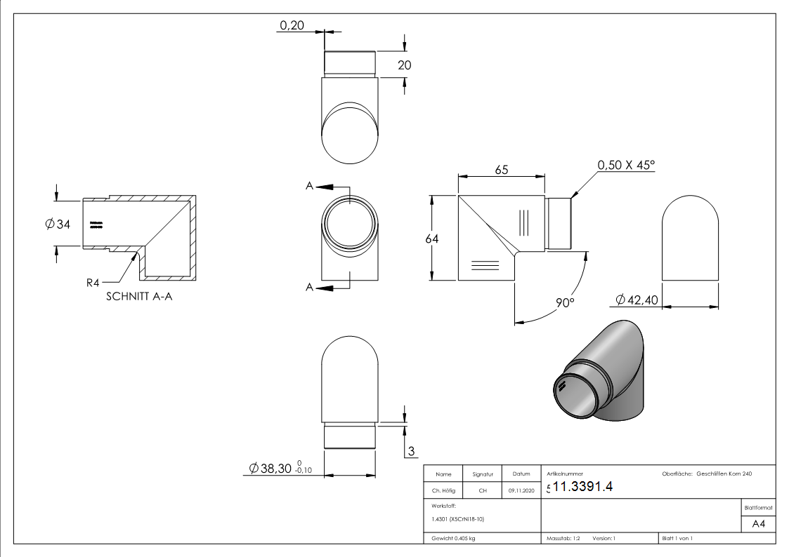 Endbogen V2A fuer Rohr Ø 42-4 x 2-0 mm 90° zum Stecken-11-3391.4