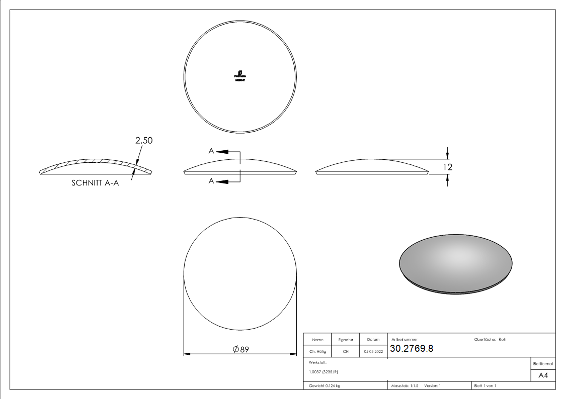 Klopperboden Rohrabschluss Ø 89-0x2-5 mm Stahl roh Hoehe- 12 mm-30-2769.8