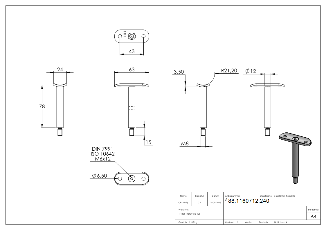 Handlaufstuetze Edelstahl V2A Stift Ø 12 mm fuer Rohr Ø 42-4 mm H 78 mm geschliffen Korn 240-88-1160712.240