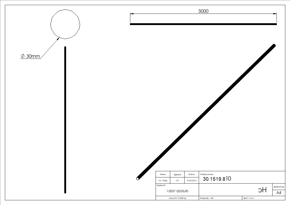 Rundeisen geschmiedet Ø 30 mm Laenge- 3000 mm Stahl -Roh- S235JR-30-1519.8
