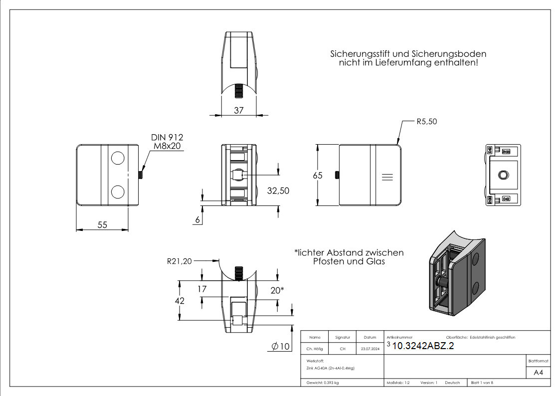 Glasklemme 55x65x37-5 mm AbZ fuer Anschluss Ø 42-4 mm Edelstahleffekt-10-3242ABZ.2