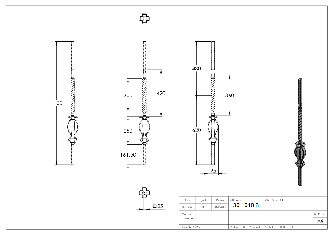 Anfangsstab - Laenge- 1100 mm - Material- 25x25 mm - Stahl S235JR- roh-30-1010.8