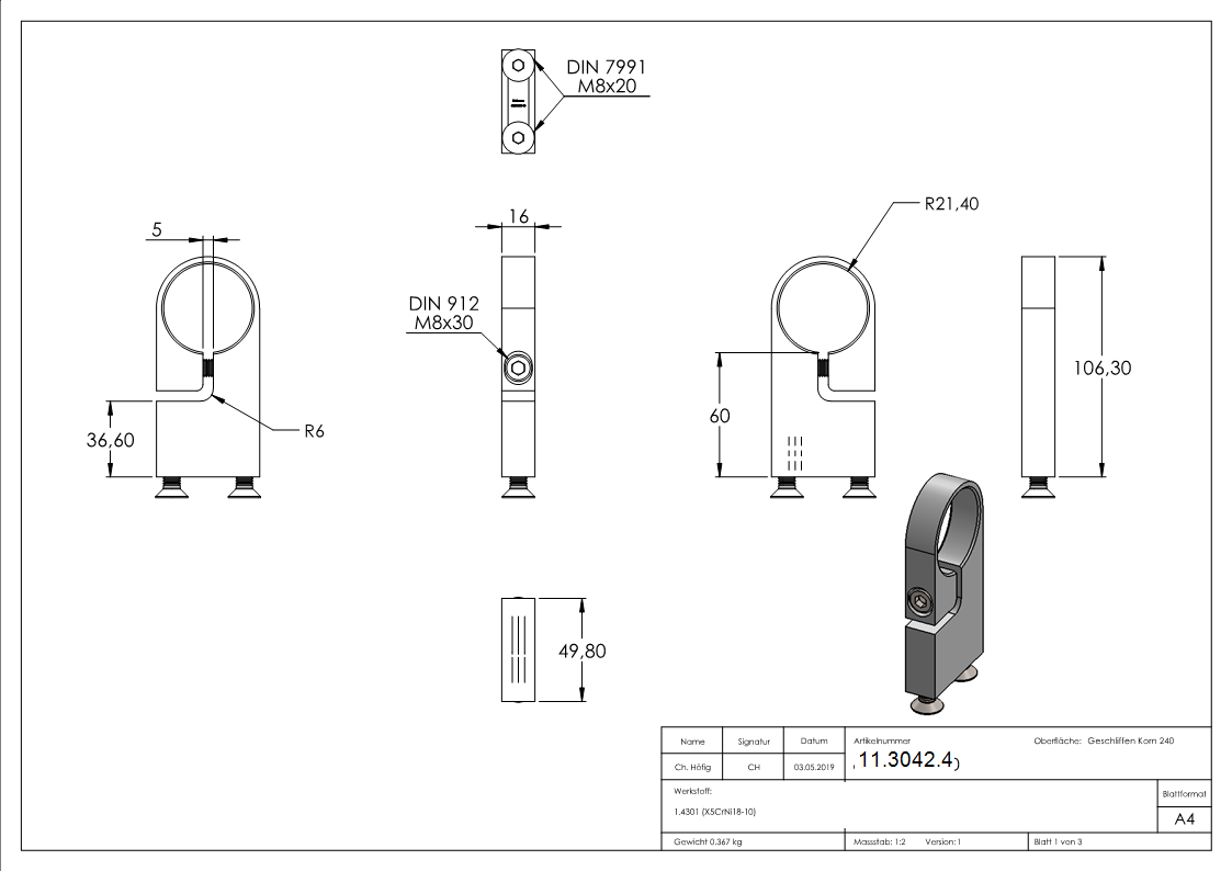 Spannring 60 mm fuer Rundrohr Ø 42-4 mm - V2A-11-3042.4