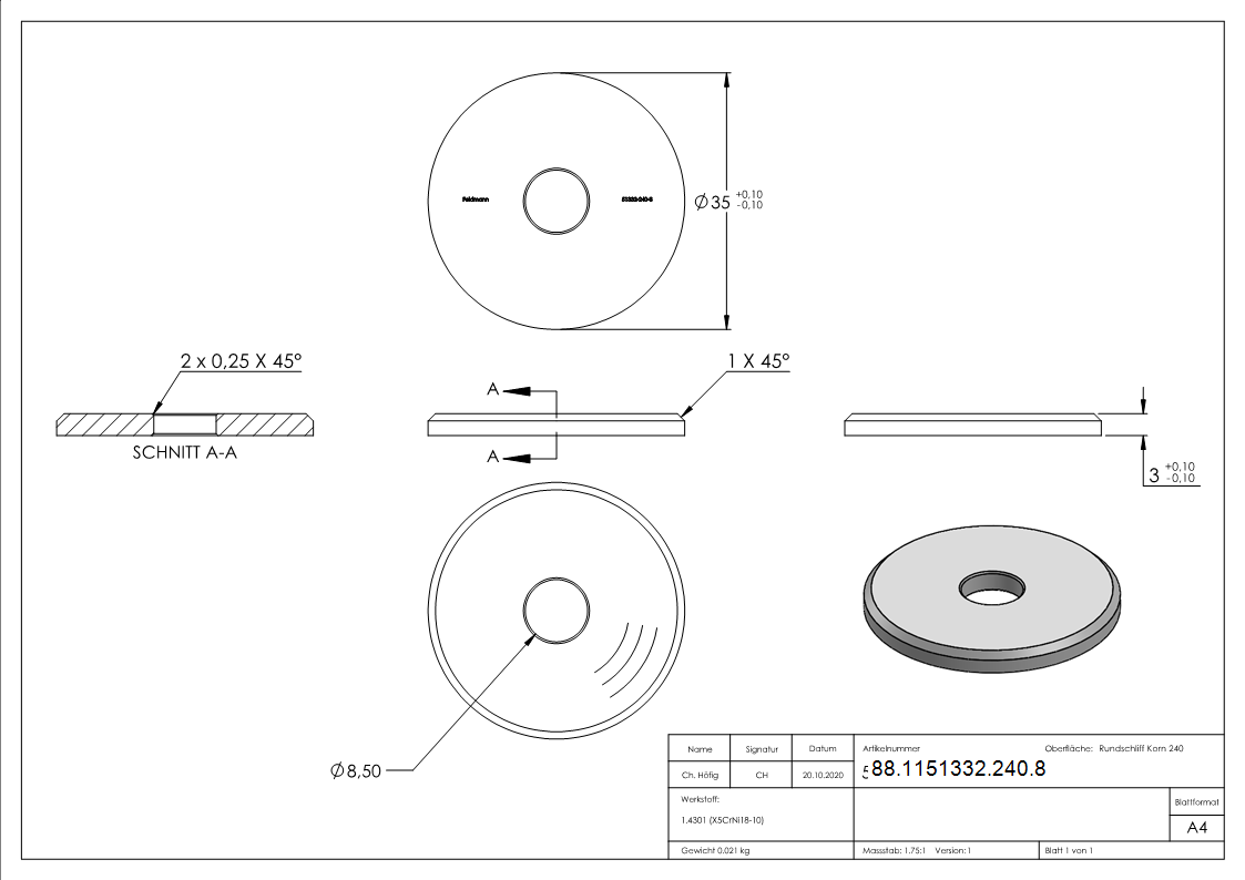 Beilagscheibe Edelstahl V2A Ø 35 x 3 mm- Bohrung Ø 8-5 mm mit Fase-88-1151332-240.8