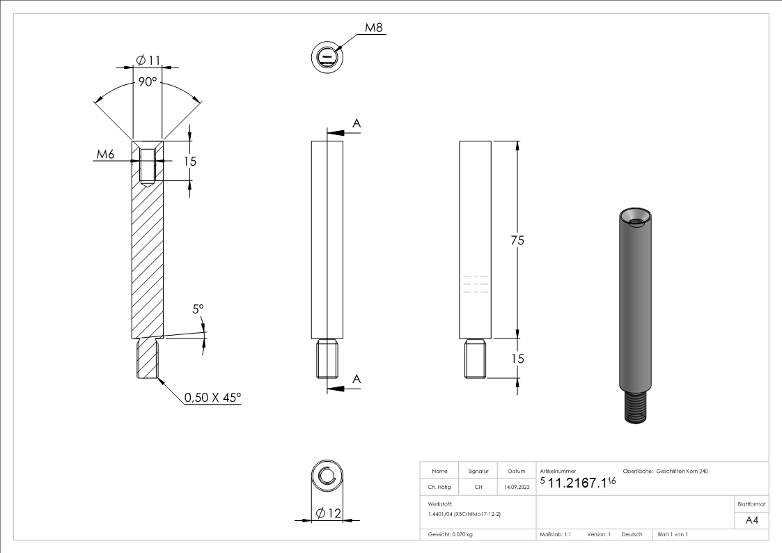 Stift Maße: 75x12 mm mit Außen - und Innengewinde V4A