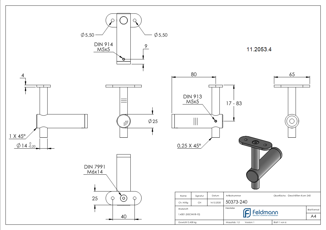 Handlaufhalter mit Halteplatte für flachen Anschluss V2A