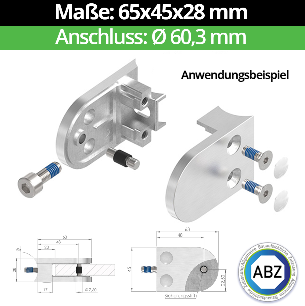 Glasklemme ABZ 65x45x28 mm Ø 60,3 mm, V4A | AISI 316 | 1.4401/04, für 6,76 mm VSG Glas, Sicherungsstift (Bohrung 12 mm)
