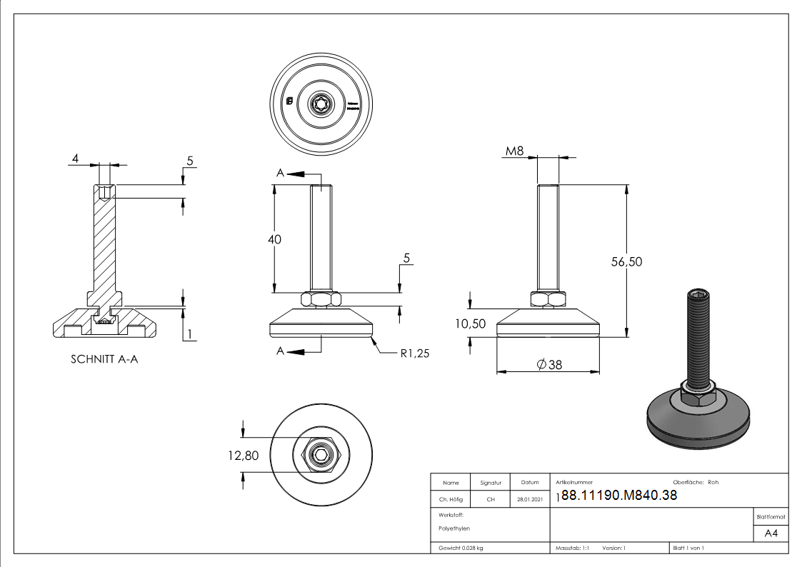 Stellfuss Kunststoff Stahl verzinkt Ø 38 mm M8x40 Justierschraube Innensechskant-88-11190-M840.38