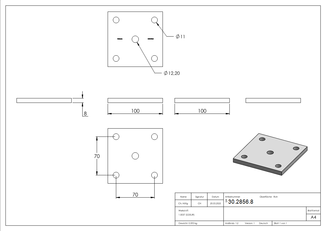 Ankerplatte 100x100x8 mm 5 Bohrungen -  Stahl roh-30-2856.8