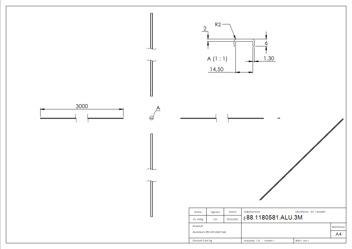 Kantenschutz EXTRA SLIM, für Glas 12,00 - 13,52mm, L=3m, Aluminium E4/EV1