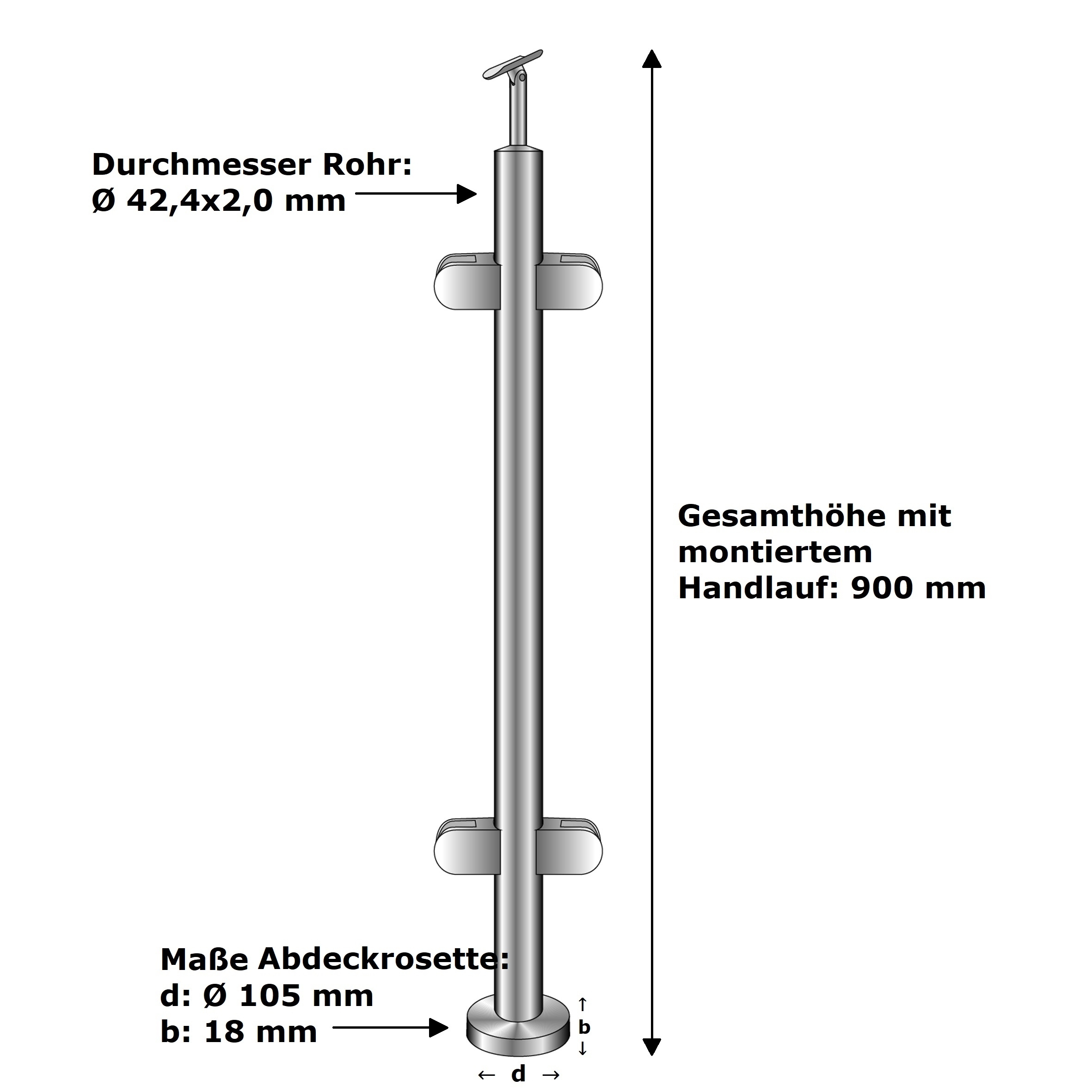 Glasgelaenderpfosten V2A D42-4 mm Glas 8-76 mm Oberverankerung geschliffen-14-0045RG-A.4