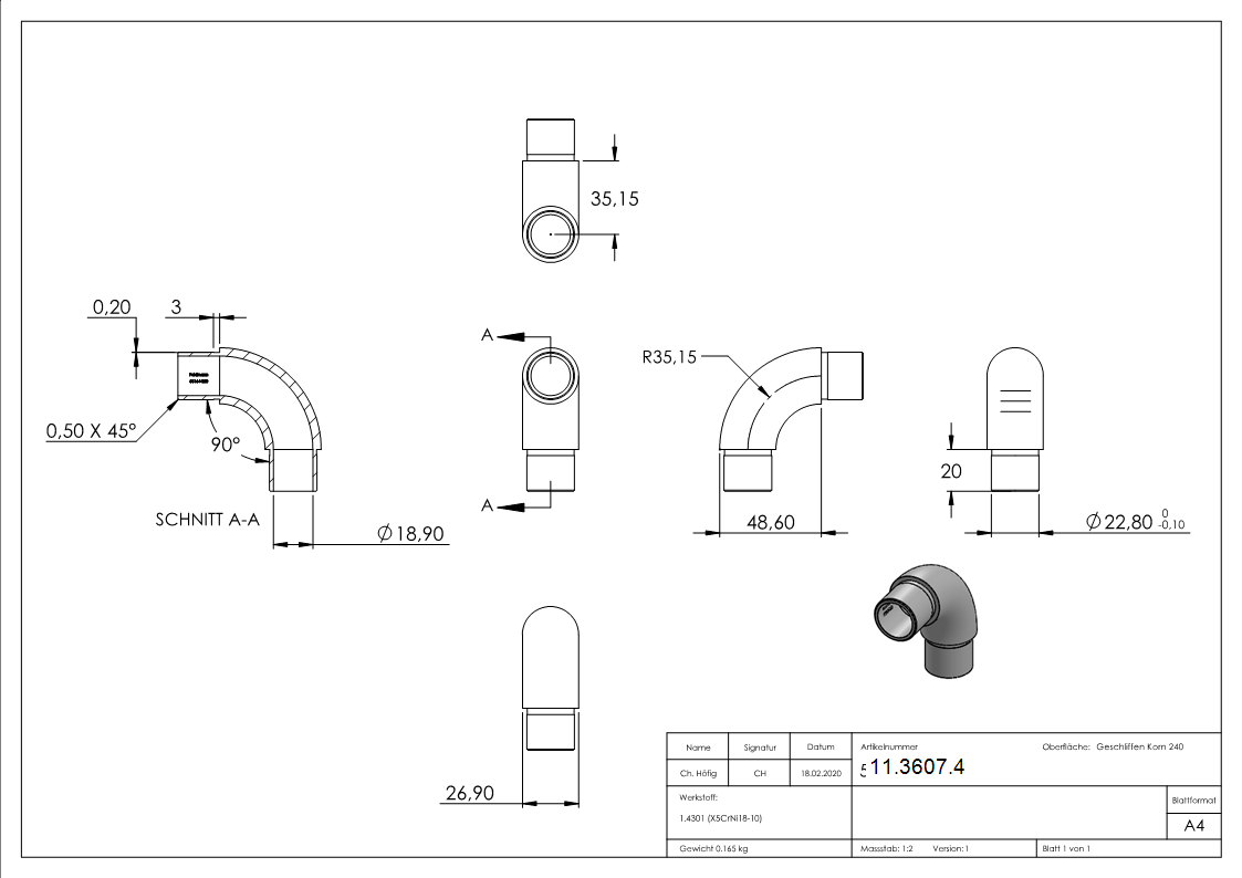Rohrbogen 90° rund, für Rundrohr Ø 26,9x2,0 mm V2A