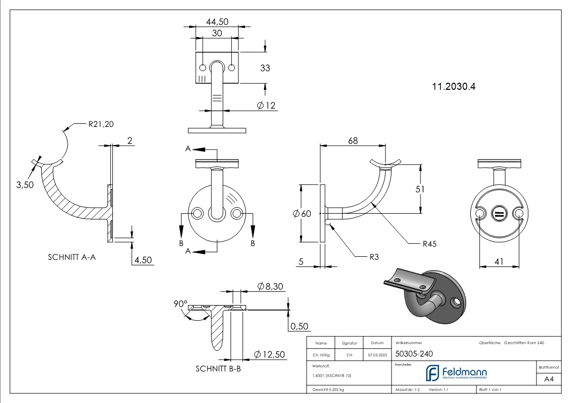 Handlaufhalter mit Ronde 60x5 mm und Halteplatte für Ø 42,4 mm V2A