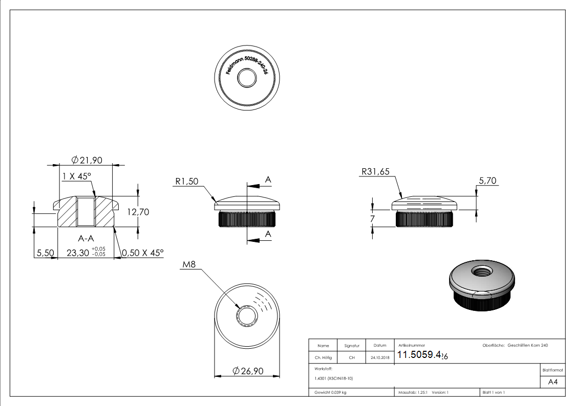 Rohrstopfen für Ø 26,9x2,0 mm leicht gewölbt zum Einschlagen mit M8  | V2A