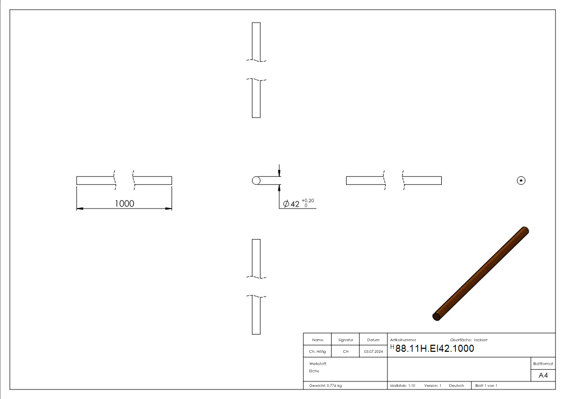 Holzhandlauf Eiche Ø 42-4 mm L = 1000 mm geschliffen lackiert-88-11H-EI42.1000