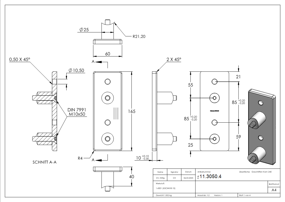 Wandbefestigung fuer Gelaenderpfosten Ø 42-4 mm - V2A-11-3050.4