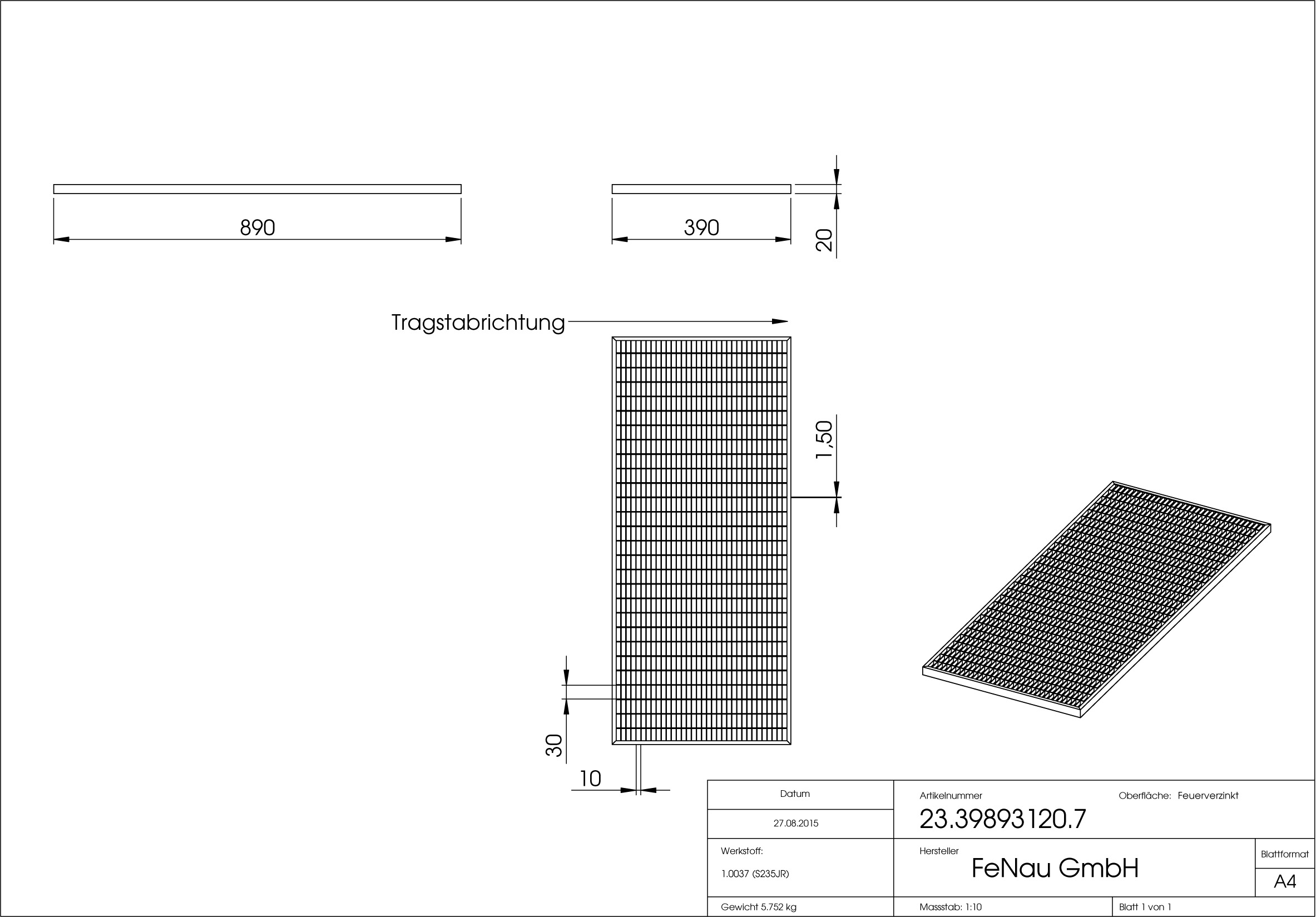 Lichtschachtrost Baunormrost | Maße:  390x890x20 mm 30/10 mm | aus S235JR (St37-2), im Vollbad feuerverzinkt