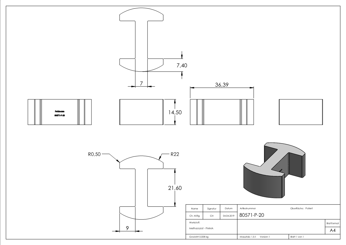 Glasausrichter | für Glas: 20,76-21,52 mm | PMMA Kunststoff