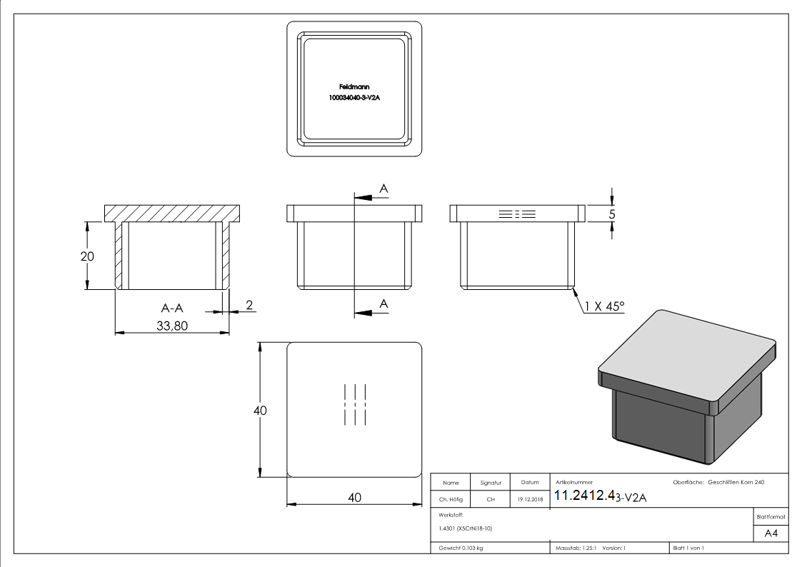 Endkappe für Rohr 40x40x3,0 mm zum Kleben V2A