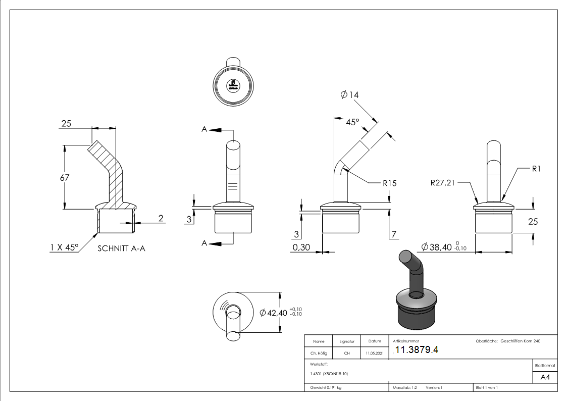 Handlaufstuetze aus einem Stueck 135° gebogen fuer  4-11-3879.4