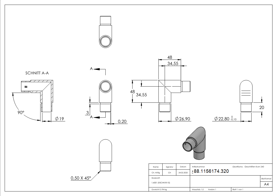 Eckstück 90°, für Rohr 26,9 x 2,0mm, V2A